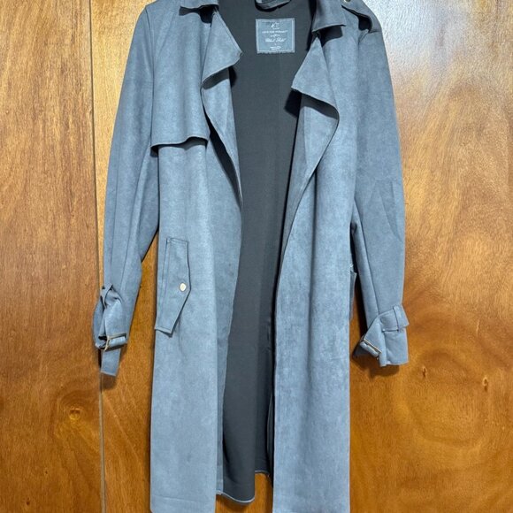 Lightweight Suede-Like Calf Length Jacket/Overshirt/Trench - Grey/Gray - Size L - Picture 6 of 9